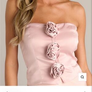 Elegant pale Pink satin Strapless Top with Floral Accents